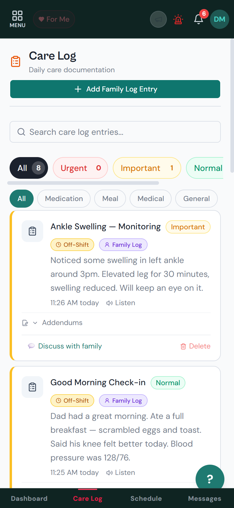 Care Log — daily care entries
