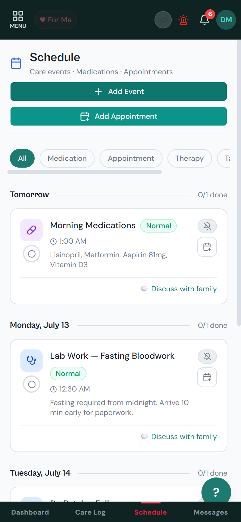 Schedule — upcoming appointments